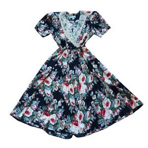 80s Vintage E.D. Michaels Floral Lace Midi Dress Rose Size 5/6 Cottagecore Retro